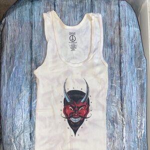 Lucky Brand Fitted White Muscle Tee with Red Devil Graphic